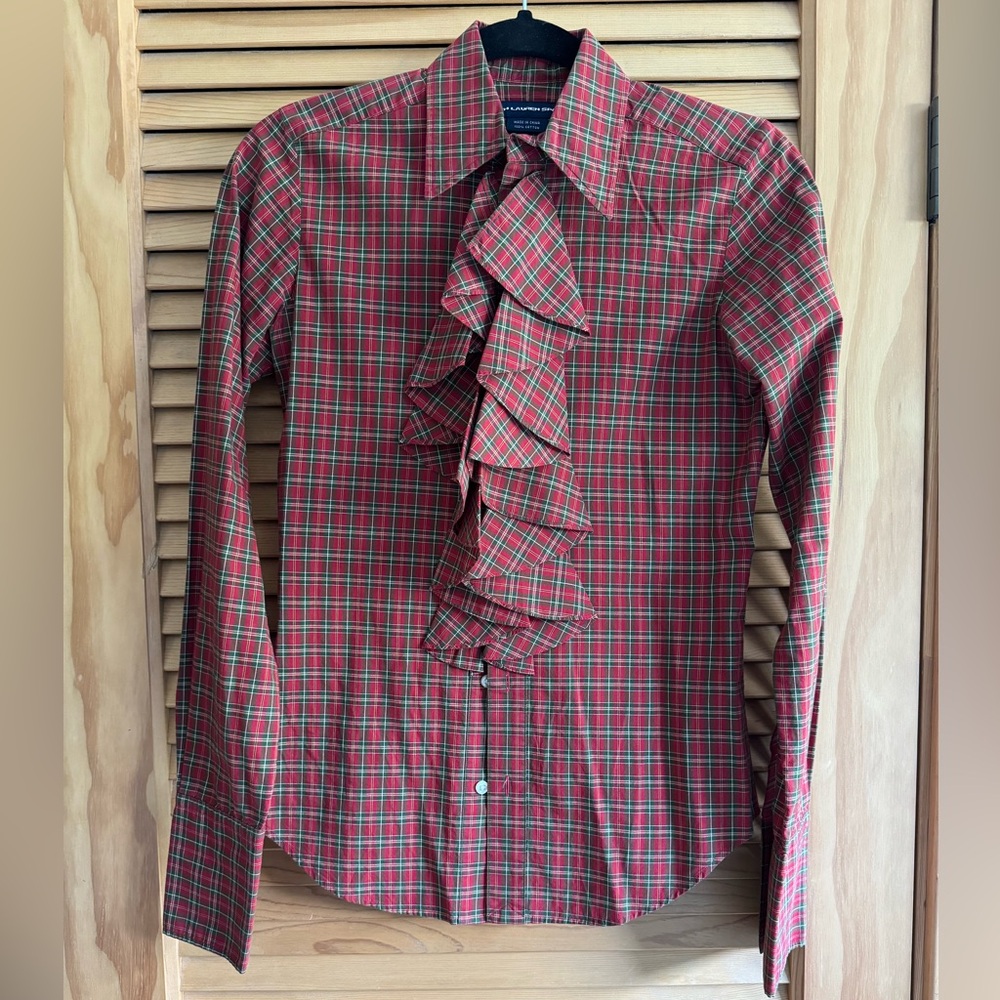 Ralph Lauren ruffle front plaid butter down. Great for holidays.